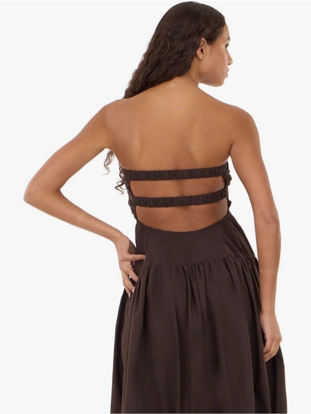 Strapless Brown Twist-Front Tiered Maxi Dress - Picture 4 of 10